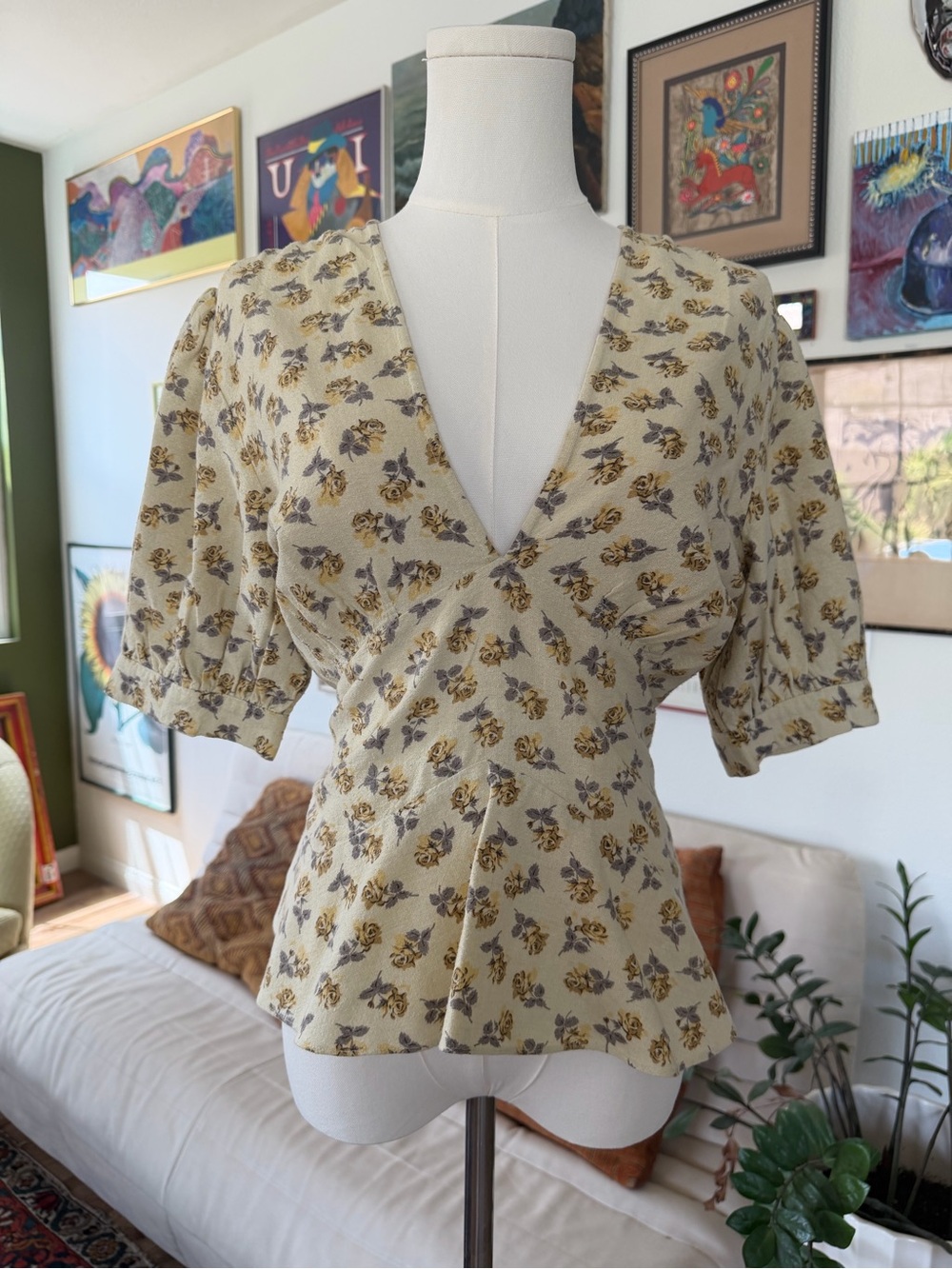 Dôen Yana Top in yellow cottagecore garden style floral pattern, puff sleeves